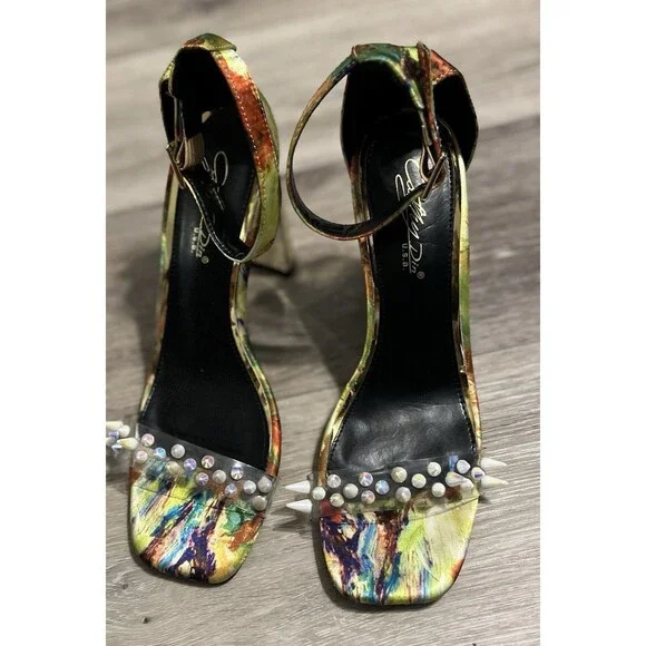 Cathy Din Floral Wateidescentcolor Gold Heels Party Club Retro Spikes Iridescent - Picture 1 of 7